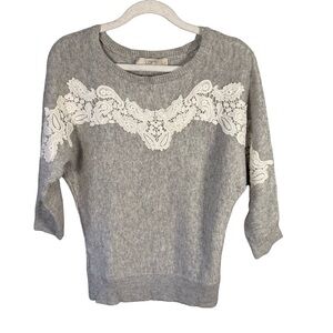 LOFT Heather Gray Sweater with Ivory Lace Accents Size XSP Lightweight Classic
